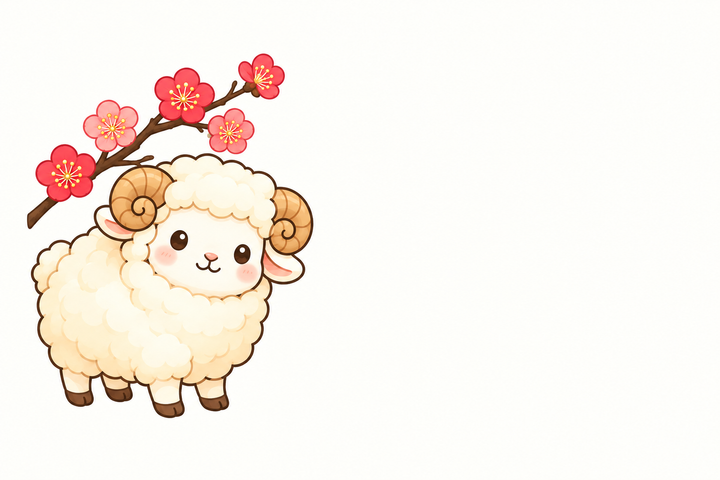 羊と梅（余白つき）のイラスト（はがき よこ・背景あり）