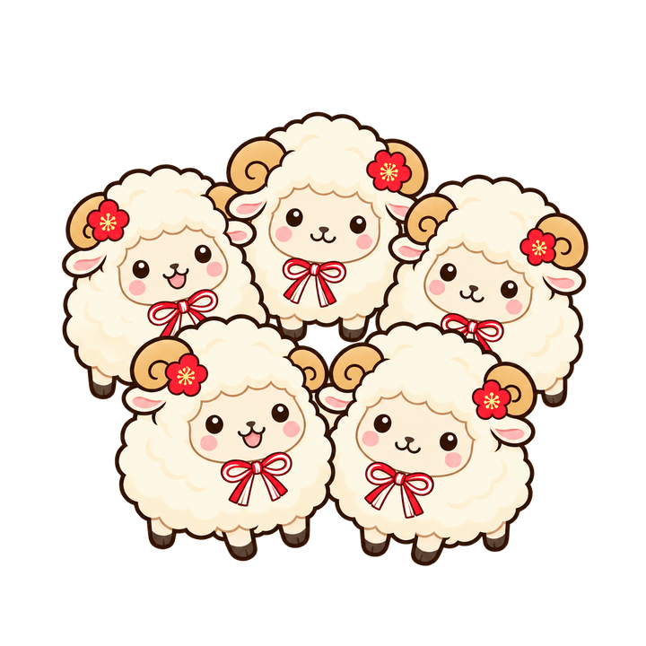 寄りそう5匹のひつじのイラスト（かわいい・透過PNG）