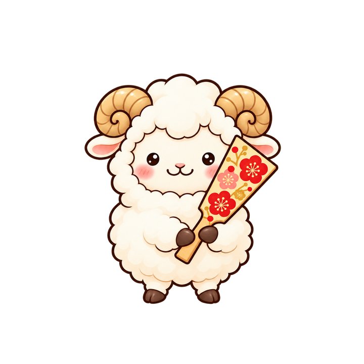 羽子板を手にしたひつじのイラスト（かわいい・透過PNG）
