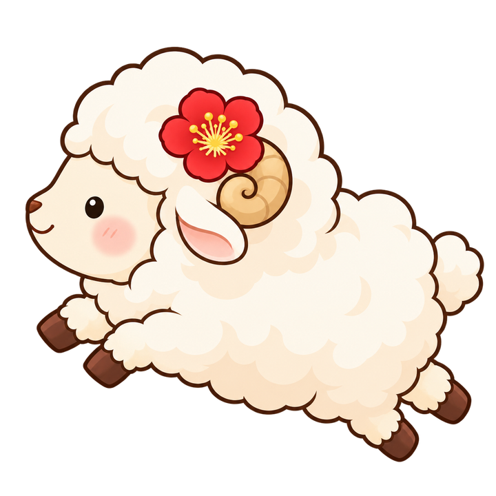 梅をのせてジャンプするひつじのイラスト（かわいい・透過PNG）