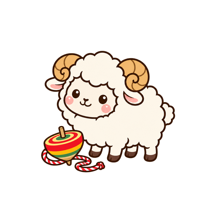 こまで遊ぶひつじのイラスト（かわいい・透過PNG）