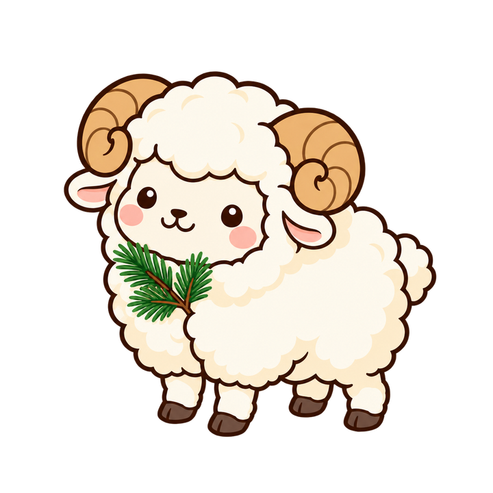 松の小枝とひつじのイラスト（かわいい・透過PNG）