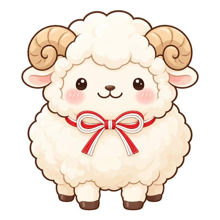 紅白の水引をつけたひつじのイラスト（かわいい・透過PNG）