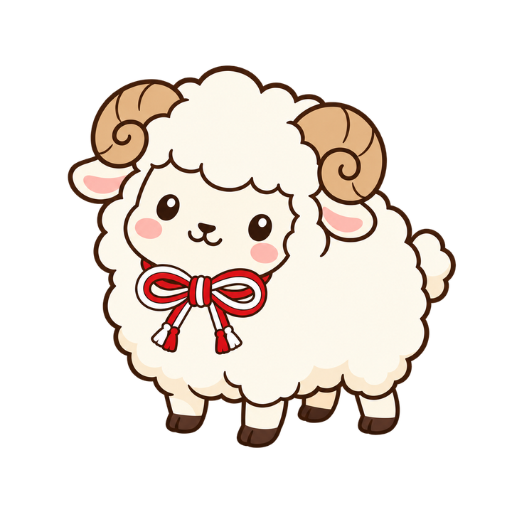 紅白のちょう結びをつけたひつじのイラスト（かわいい・透過PNG）