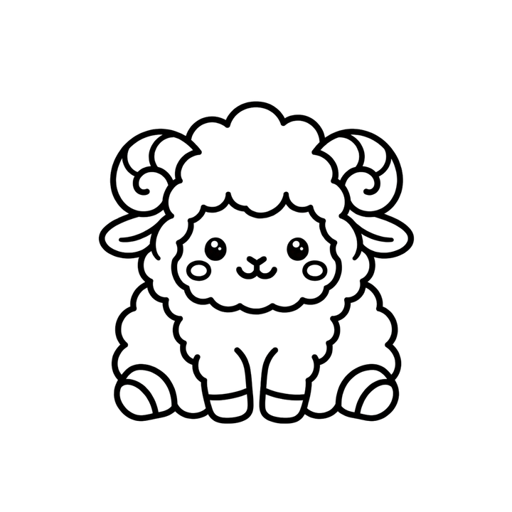 座っているひつじの線画のイラスト（かわいい・線画・ぬりえにも・透過PNG）