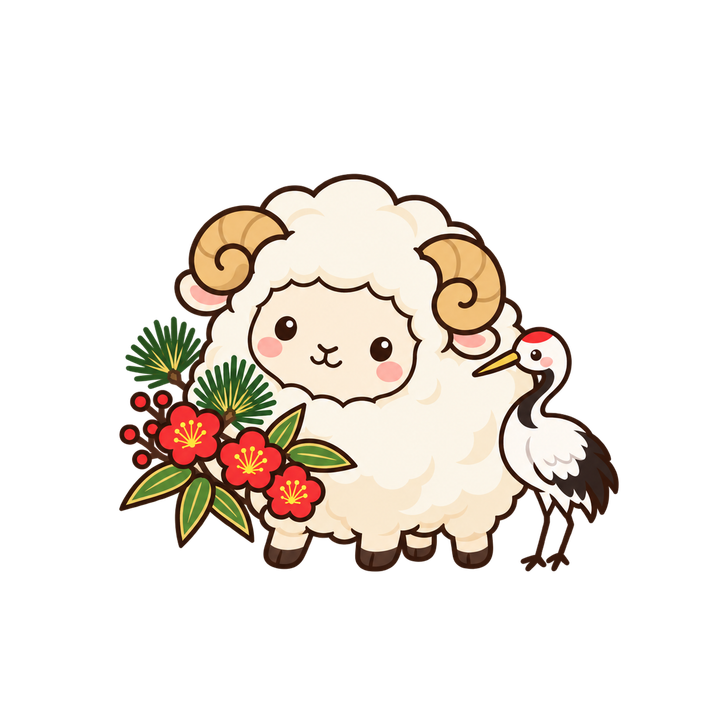 松竹梅と小さな鶴とひつじのイラスト（かわいい・透過PNG）