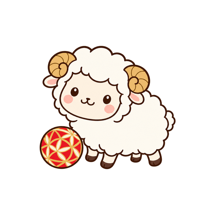手まりとならぶひつじのイラスト（かわいい・透過PNG）
