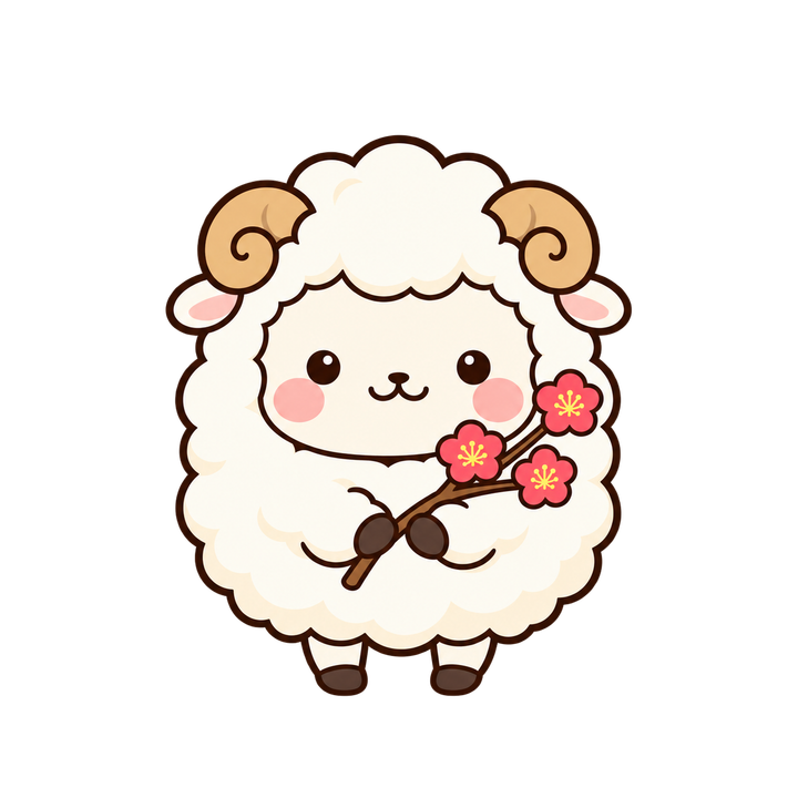 梅の枝を持つひつじのイラスト（かわいい・透過PNG）