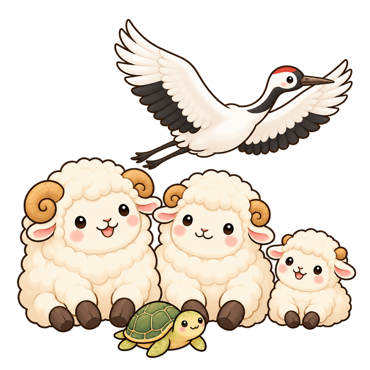 鶴と亀と3匹のひつじの家族のイラスト（かわいい・透過PNG）
