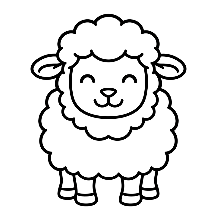正面を向いたひつじの線画のイラスト（かわいい・線画・ぬりえにも・透過PNG）