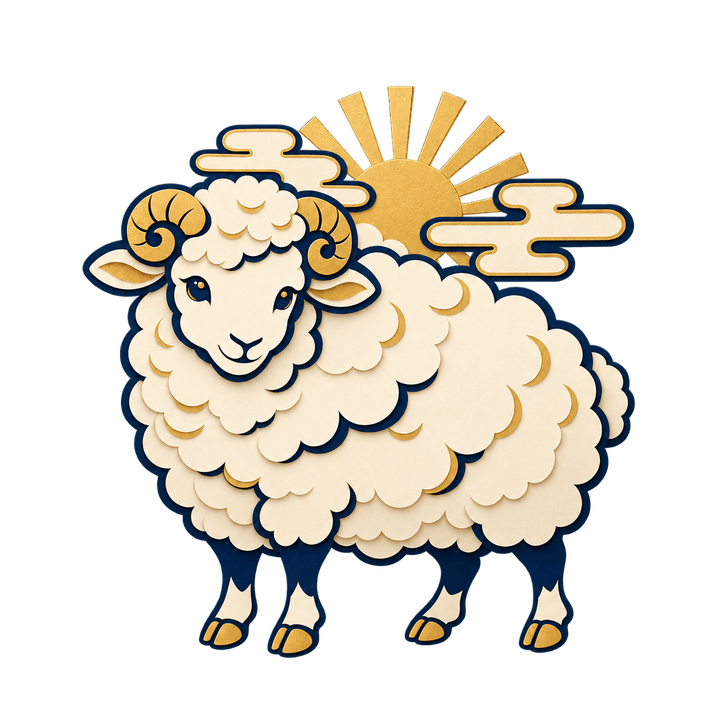 切り絵風の羊と初日の出のイラスト（おしゃれ・透過PNG）