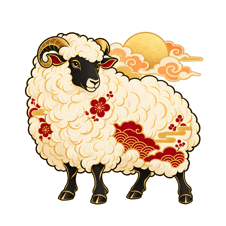 和モダンの羊と金色の日輪のイラスト（おしゃれ・透過PNG）
