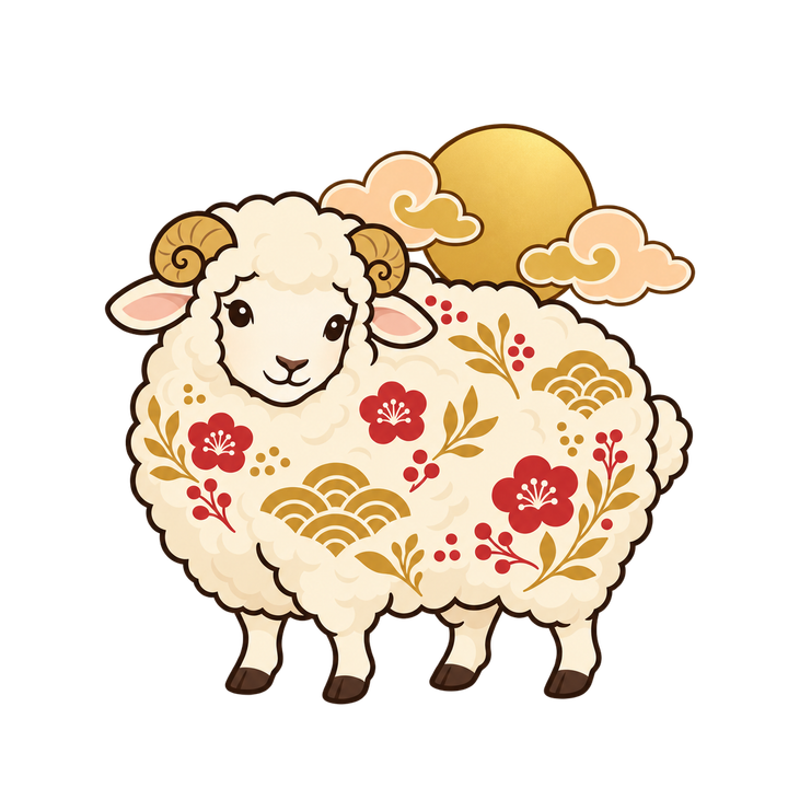 和柄の羊と金色の日輪のイラスト（おしゃれ・透過PNG）