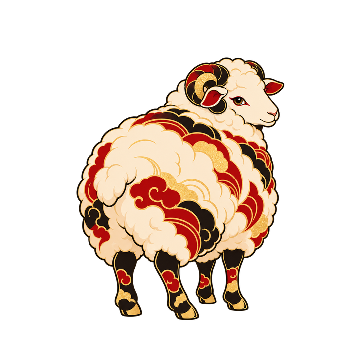 和モダンの振り返る羊のイラスト（おしゃれ・透過PNG）