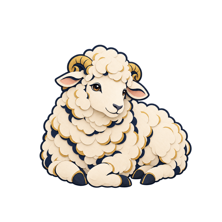 切り絵風の寝そべる羊のイラスト（おしゃれ・透過PNG）