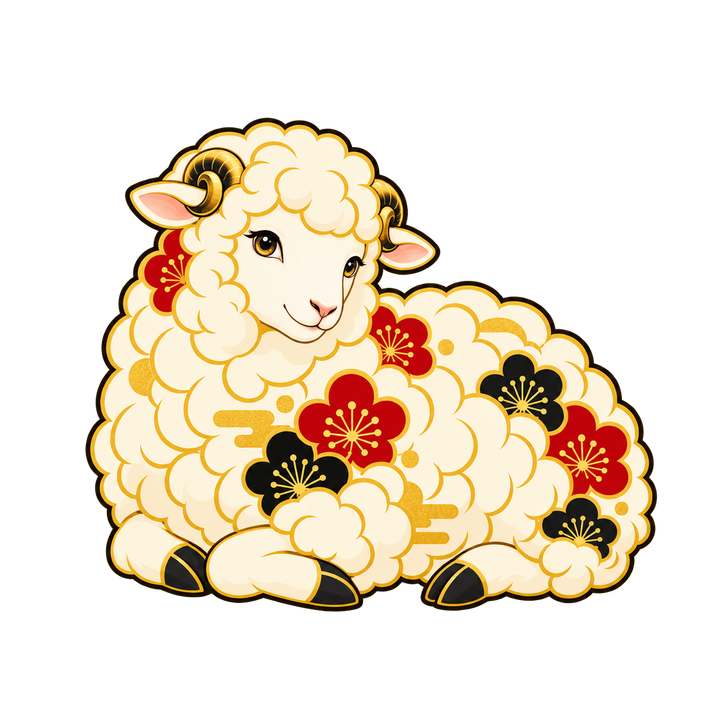 和モダンの寝そべる羊のイラスト（おしゃれ・透過PNG）