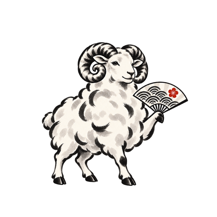 墨絵風の扇を持つ羊のイラスト（おしゃれ・透過PNG）