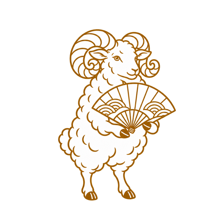 一筆書き風の扇を持つ羊のイラスト（おしゃれ・透過PNG）