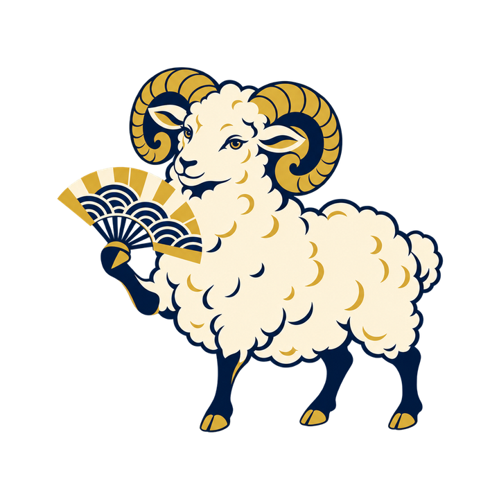 紺と金の扇と羊のイラスト（おしゃれ・透過PNG）