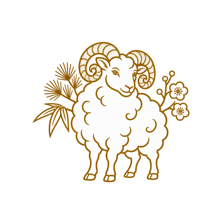 一筆書き風の松竹梅と羊のイラスト（おしゃれ・透過PNG）