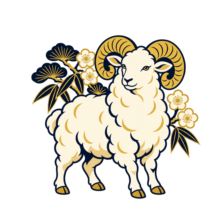 紺と金の松竹梅と羊のイラスト（おしゃれ・透過PNG）