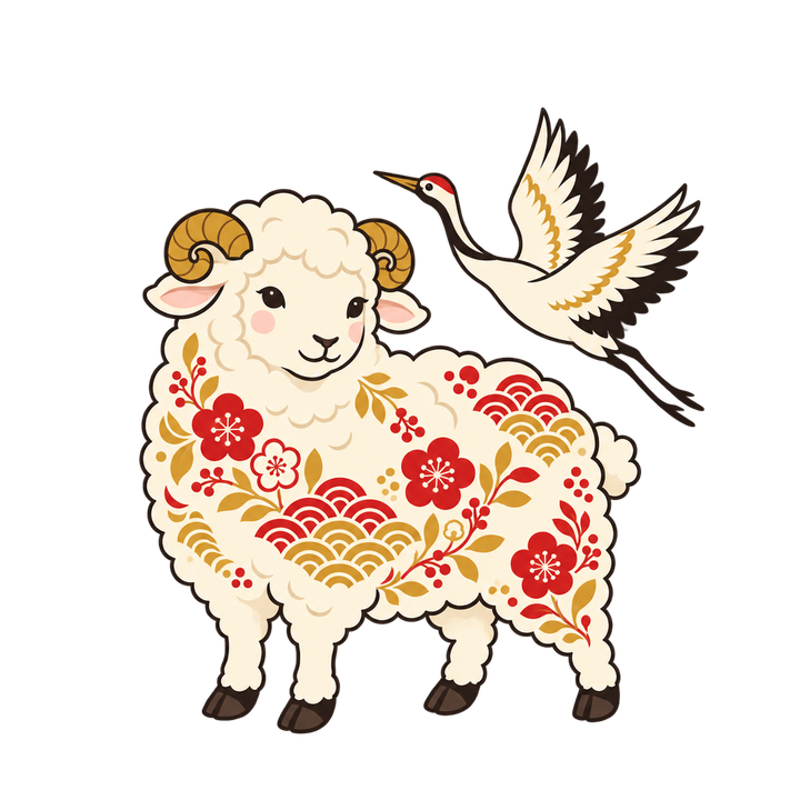 和柄の羊と鶴のイラスト（おしゃれ・透過PNG）