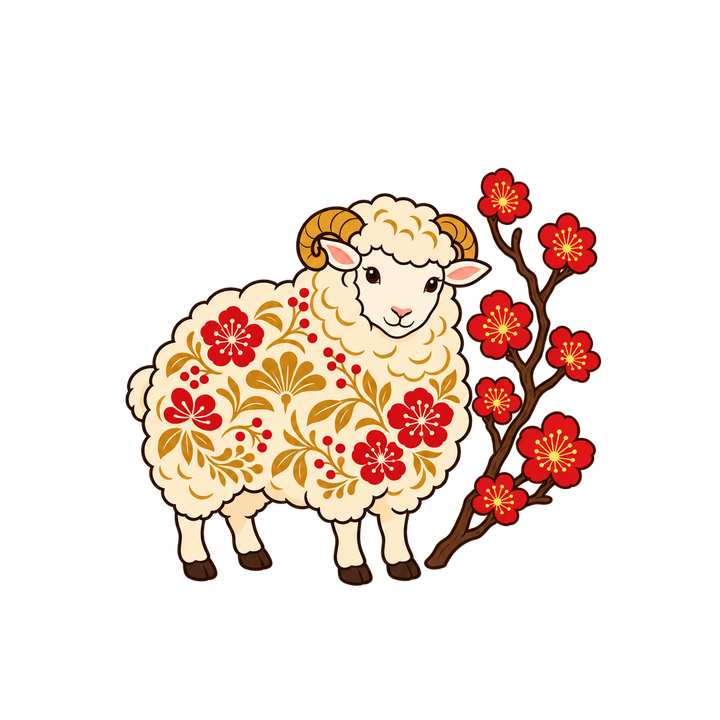 北欧風の羊と紅梅のイラスト（おしゃれ・透過PNG）