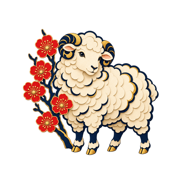切り絵風の羊と紅梅のイラスト（おしゃれ・透過PNG）