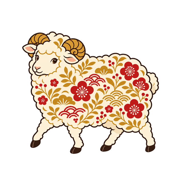 和柄の歩く羊のイラスト（おしゃれ・透過PNG）