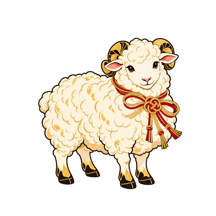金と赤の結びをつけた羊のイラスト（おしゃれ・透過PNG）