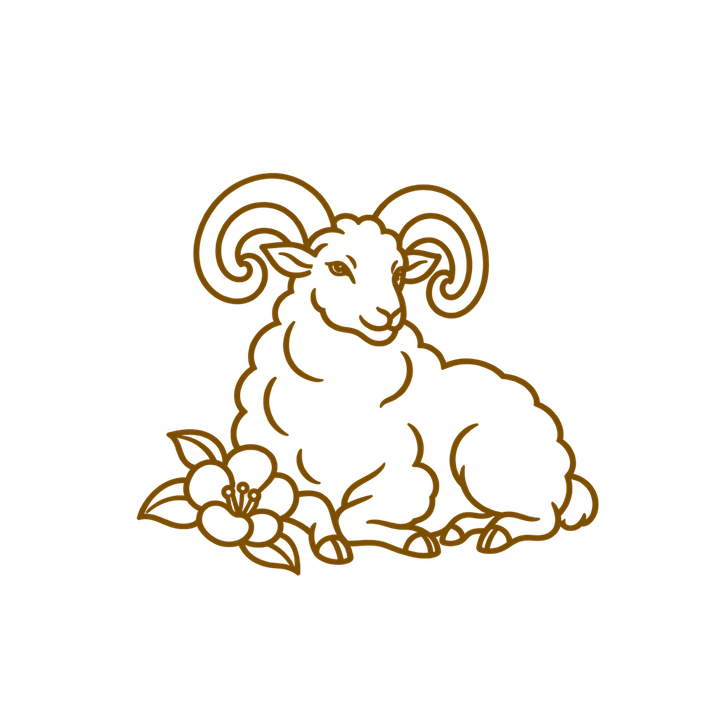 椿と座る羊のイラスト（おしゃれ・透過PNG）