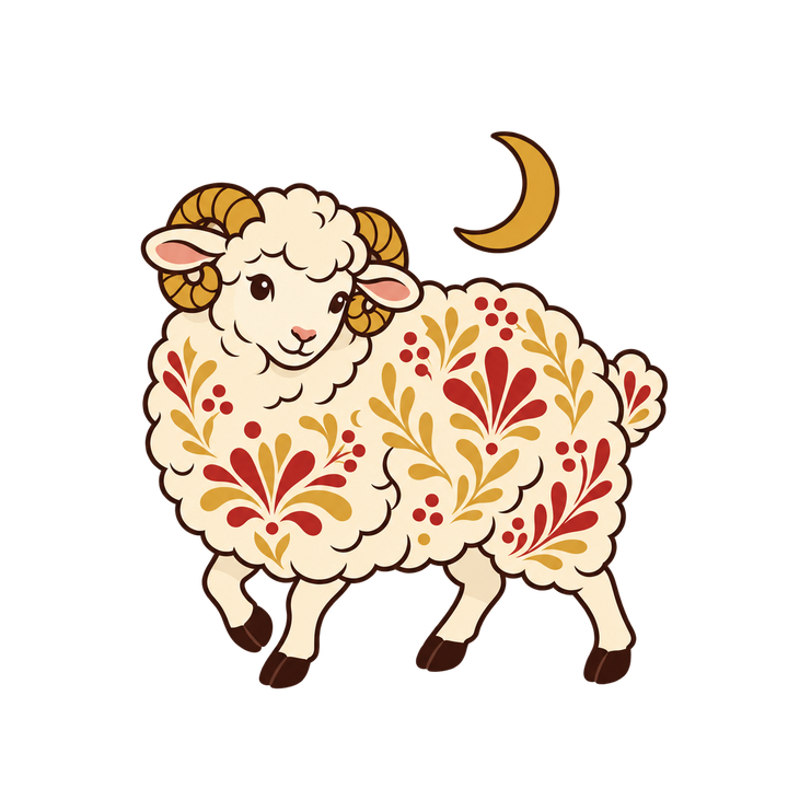 三日月の下を歩く羊のイラスト（おしゃれ・透過PNG）
