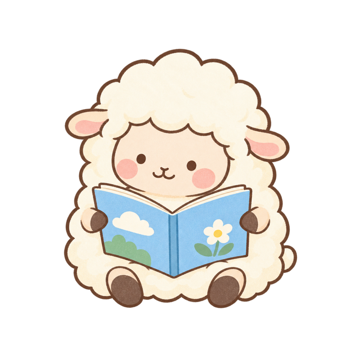 絵本を読むひつじのイラスト（手書き・透過PNG）