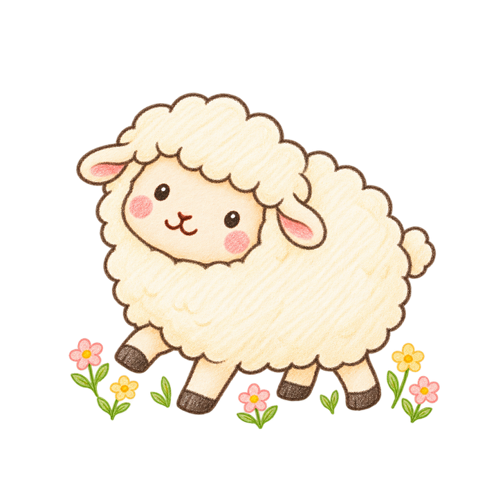 花畑を歩くひつじのイラスト（手書き・透過PNG）