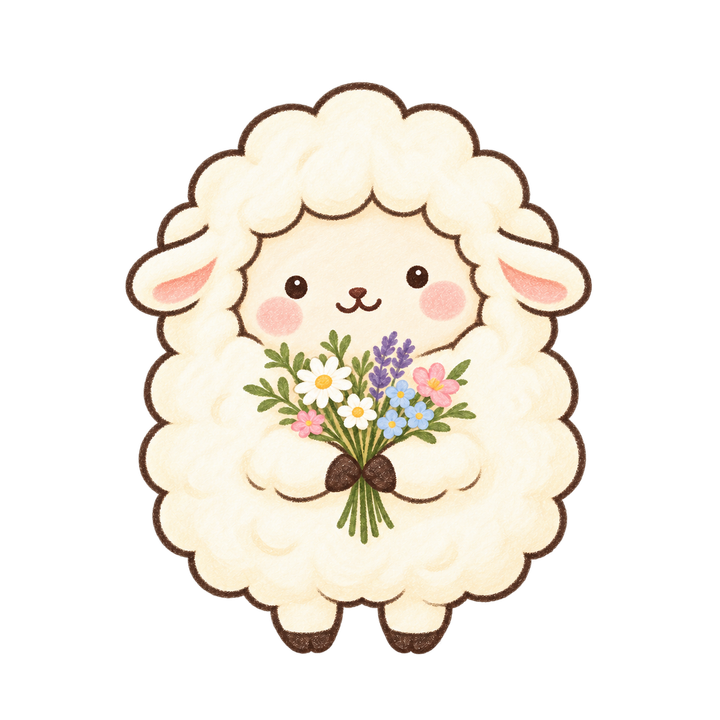 野の花の花束を持つひつじのイラスト（手書き・透過PNG）