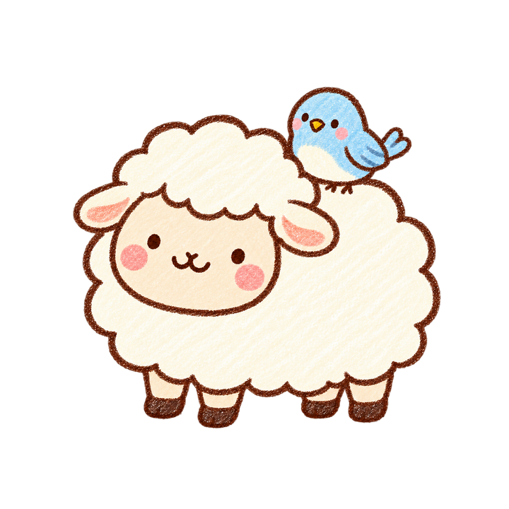 背中に小鳥をのせたひつじのイラスト（手書き・透過PNG）