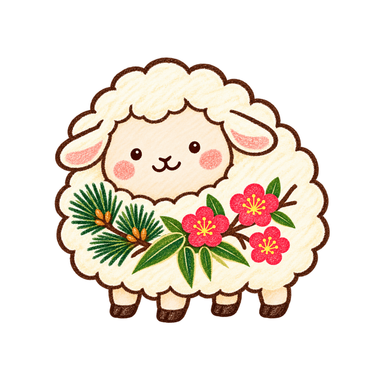 松竹梅を持つひつじのイラスト（手書き・透過PNG）
