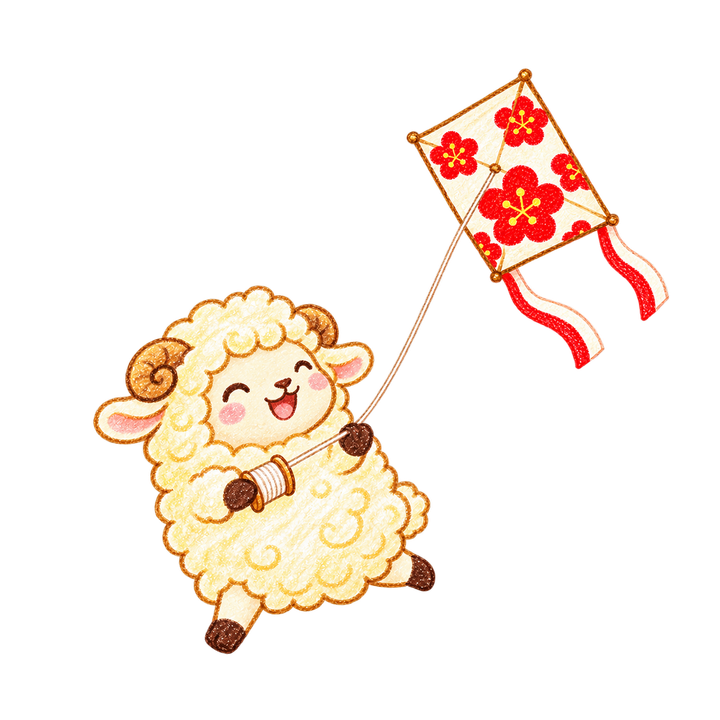 凧あげをするひつじのイラスト（手書き・透過PNG）