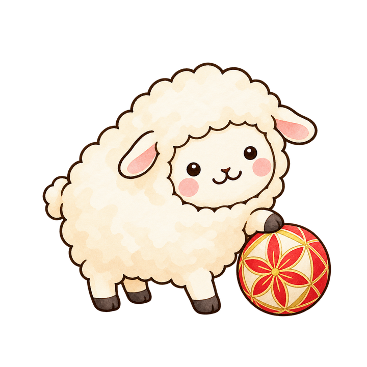 手まりで遊ぶひつじのイラスト（手書き・透過PNG）