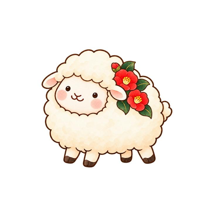 赤い椿とひつじのイラスト（手書き・透過PNG）