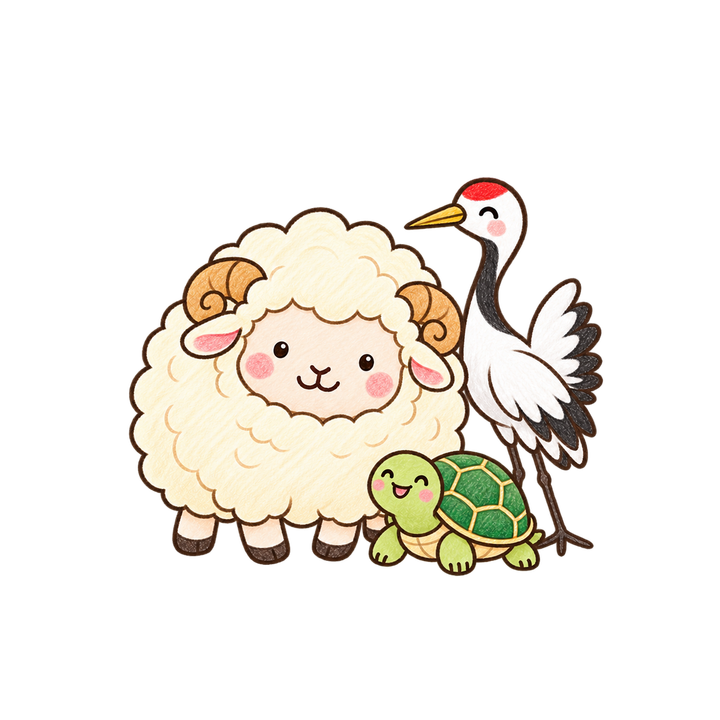 鶴と亀とひつじのイラスト（手書き・透過PNG）
