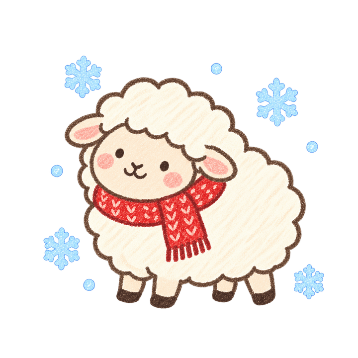 マフラーを巻いた雪の日のひつじのイラスト（手書き・透過PNG）