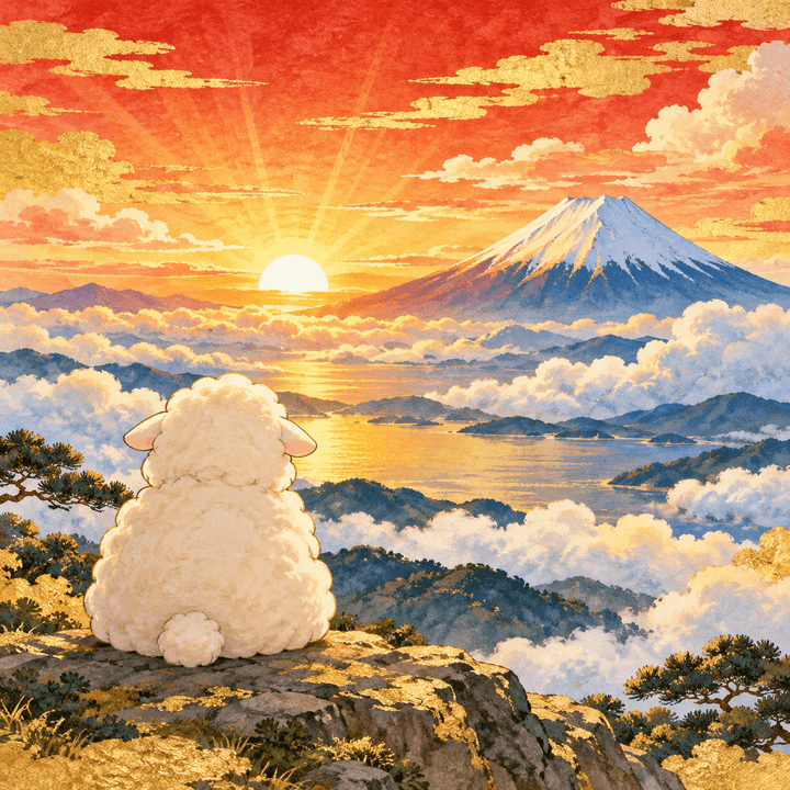 富士山の初日の出を見るひつじのイラスト（背景あり）