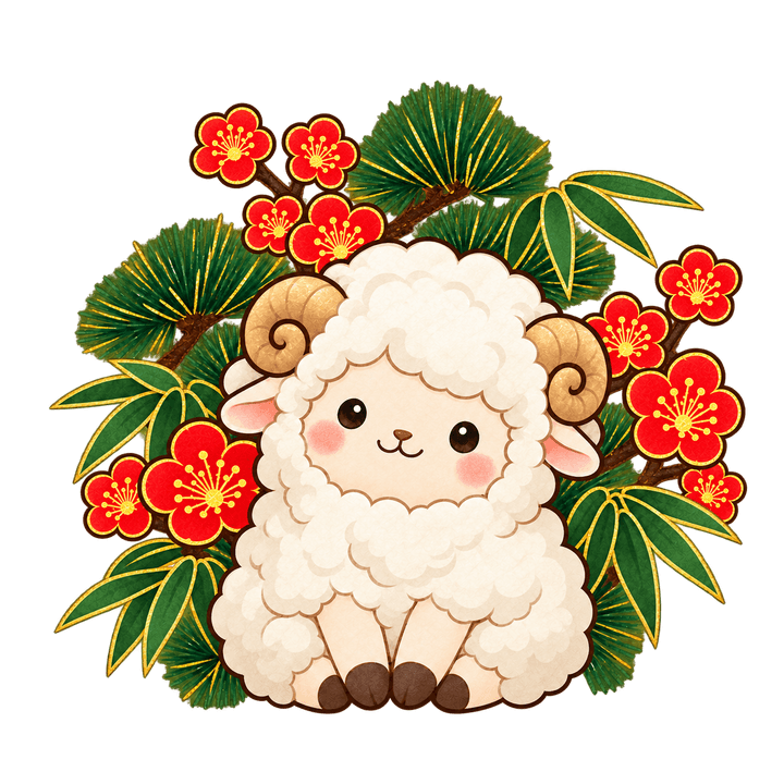 松竹梅の前に座るひつじのイラスト（かわいい・透過PNG）