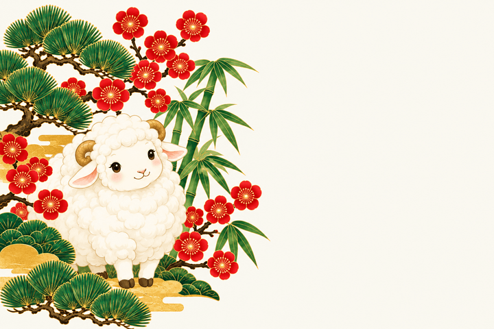 羊と松竹梅（余白つき）のイラスト（はがき よこ・背景あり）