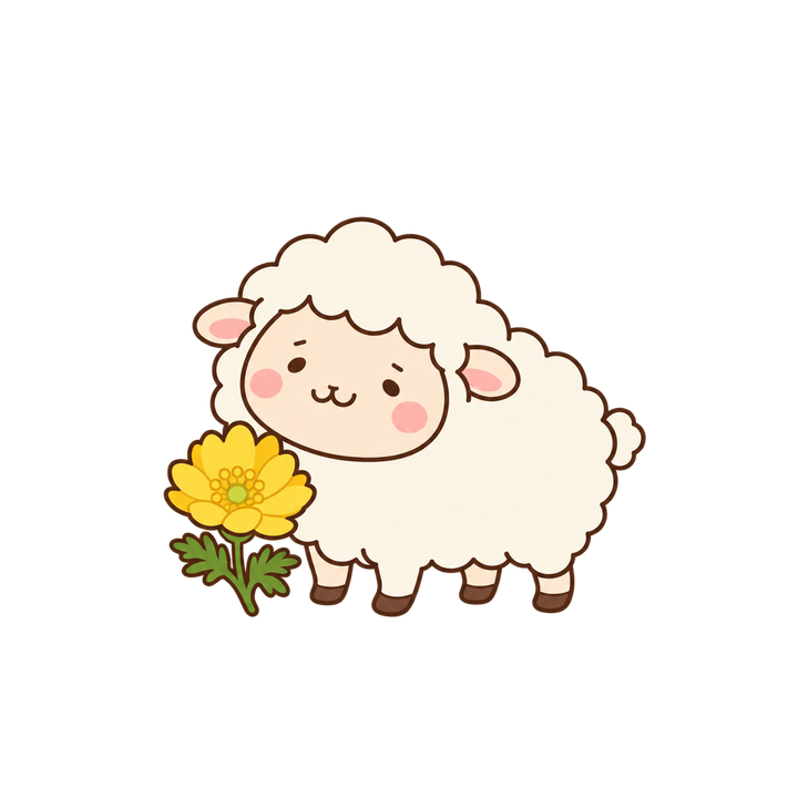 福寿草とひつじのイラスト（ゆるい・透過PNG）