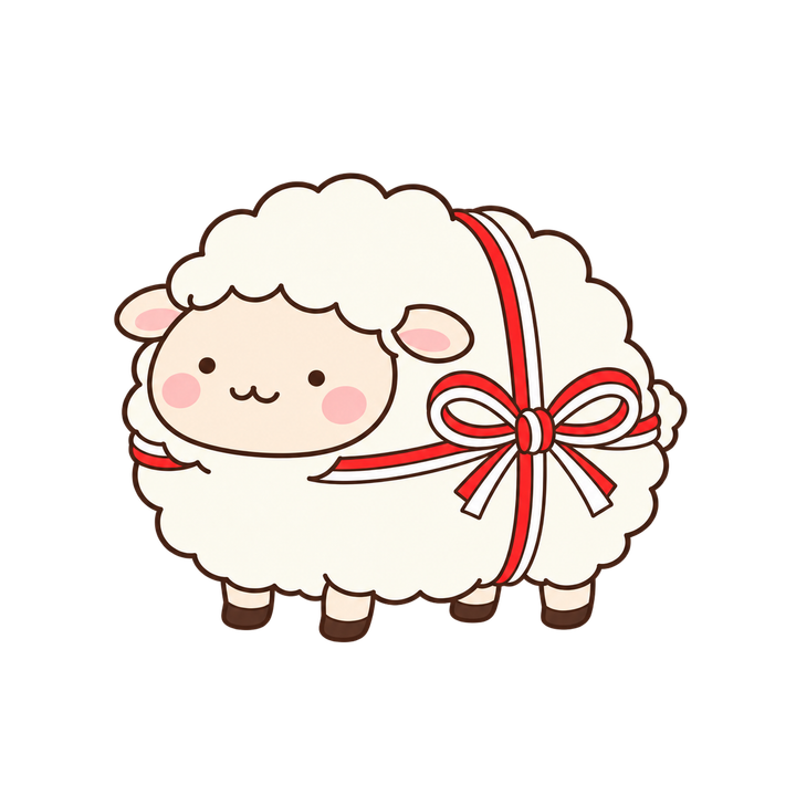 紅白のひもを巻いたひつじのイラスト（ゆるい・透過PNG）
