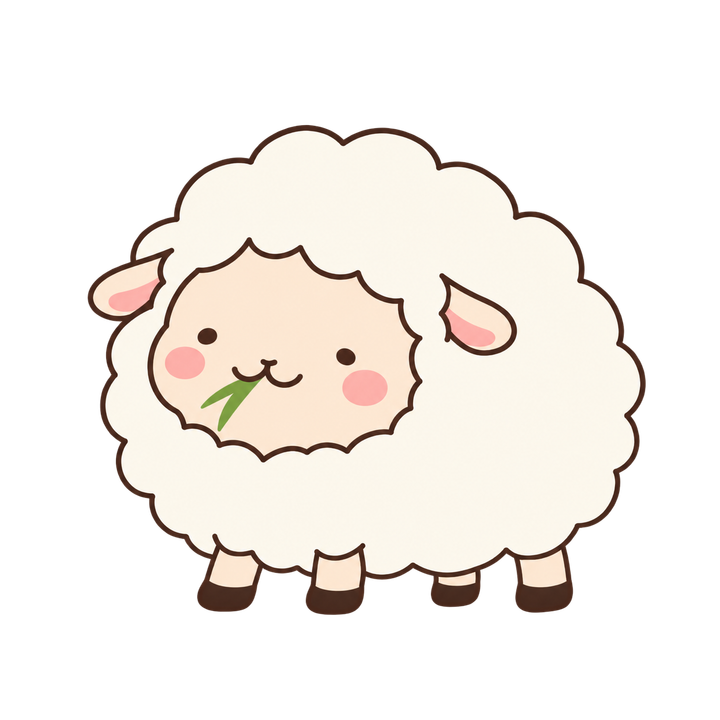 草をもぐもぐ食べるひつじのイラスト（ゆるい・透過PNG）