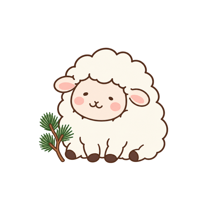 松の枝と座るひつじのイラスト（ゆるい・透過PNG）