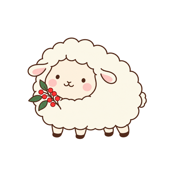 南天を持つひつじのイラスト（ゆるい・透過PNG）